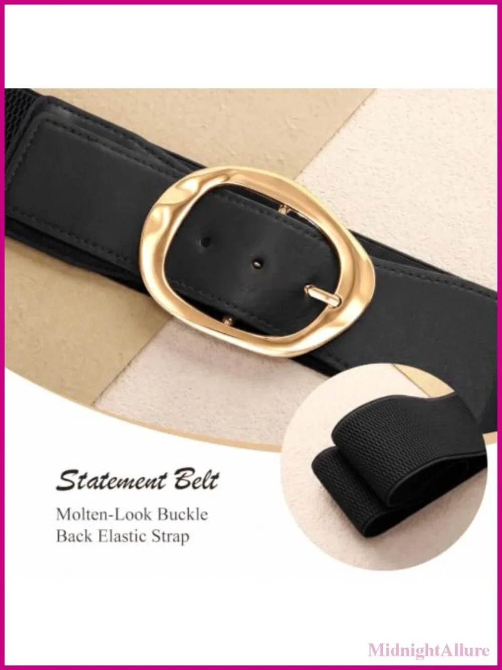 Wide Stretchy Elastic Waist Belt with Gold Buckle for Dresses